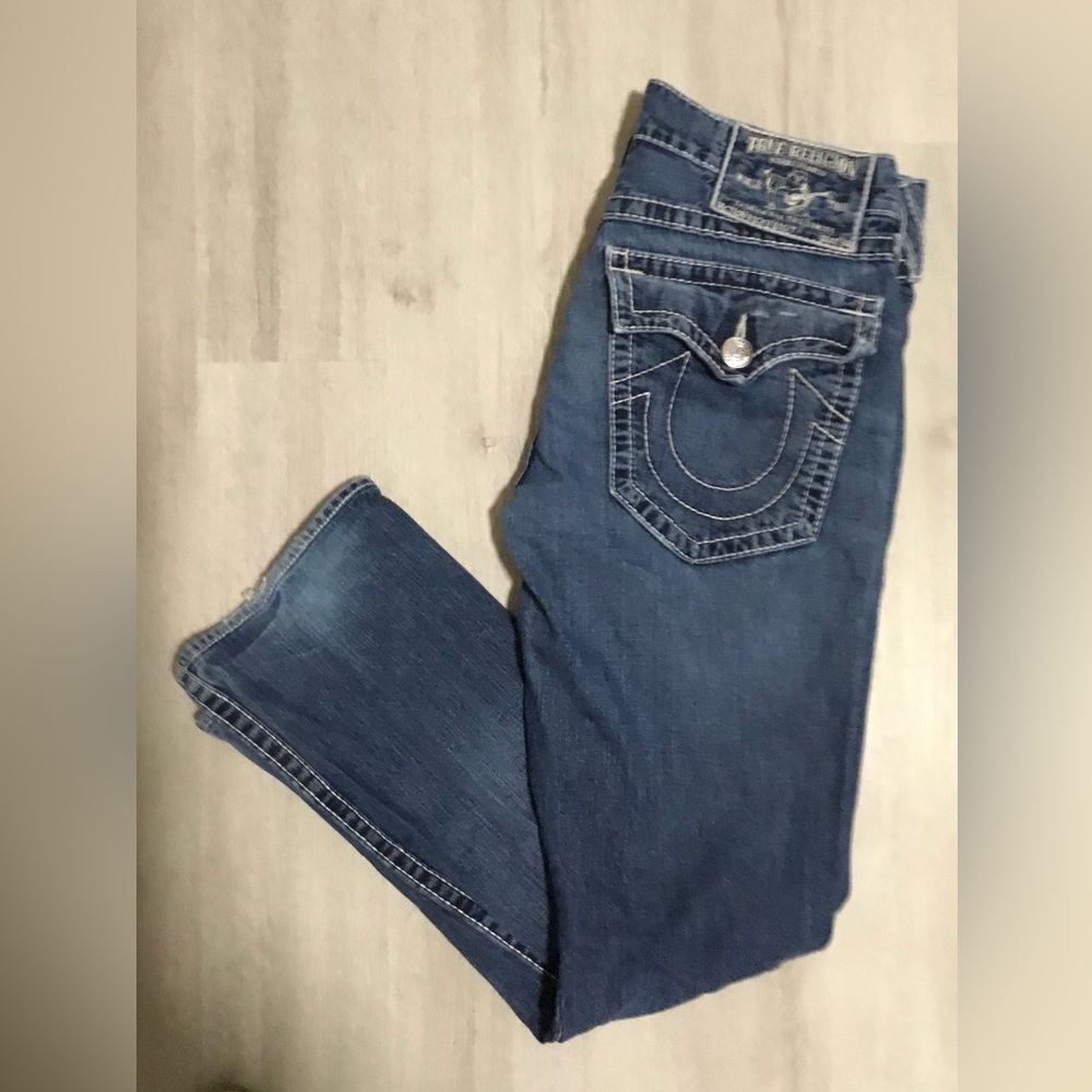 True Religion Ricky Big T Relaxed Fit Distressed, Big White Stitching Jeans 34